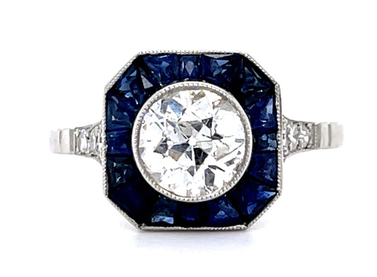 1.18ct Old European Diamond Center 1.10ct Sapphire PT Handmade Ring .14ct SD