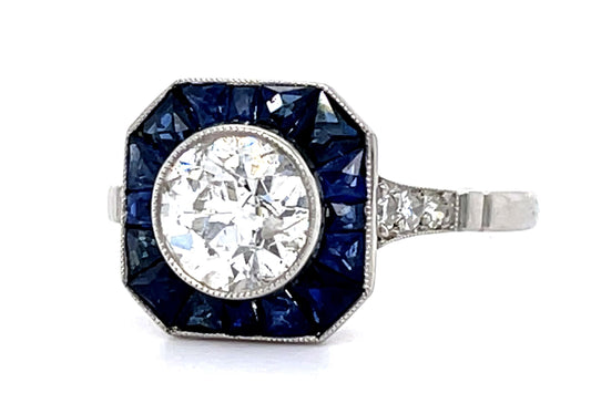 1.18ct Old European Diamond Center 1.10ct Sapphire PT Handmade Ring .14ct SD
