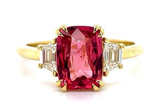 2.08ct Redish pink Mahenge Spinel .48ct Trapezoid Diamond 18KY Ring