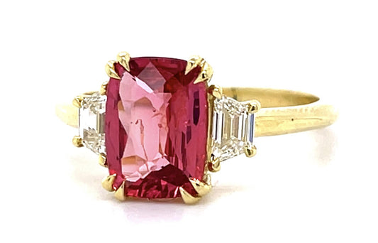 2.08ct Redish pink Mahenge Spinel .48ct Trapezoid Diamond 18KY Ring