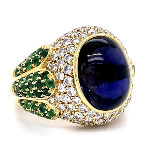 8ct Iolite 2ct Diamond 1.75ct Emerald 18KY Ring