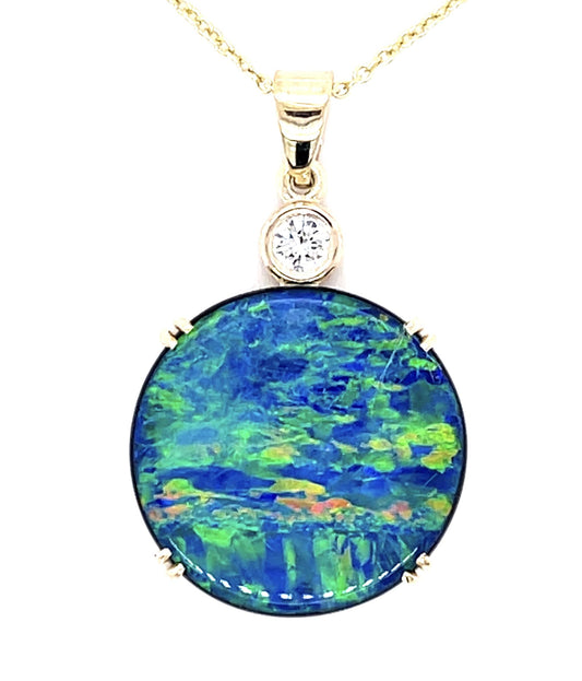 5.83ct Doublet Opal .17ct Diamond 12KY Handmade Pendant