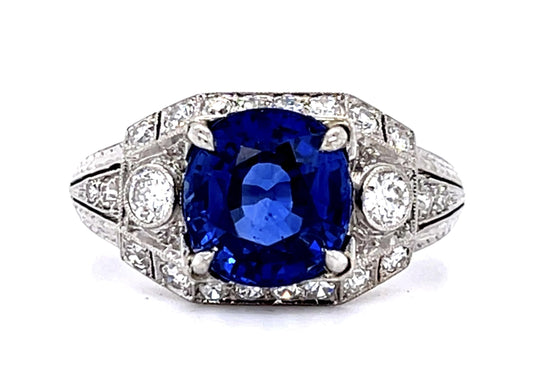 Original Art Deco 3.09ct Heated Sap .60ct Dia PT Ring (Antique 1920s)