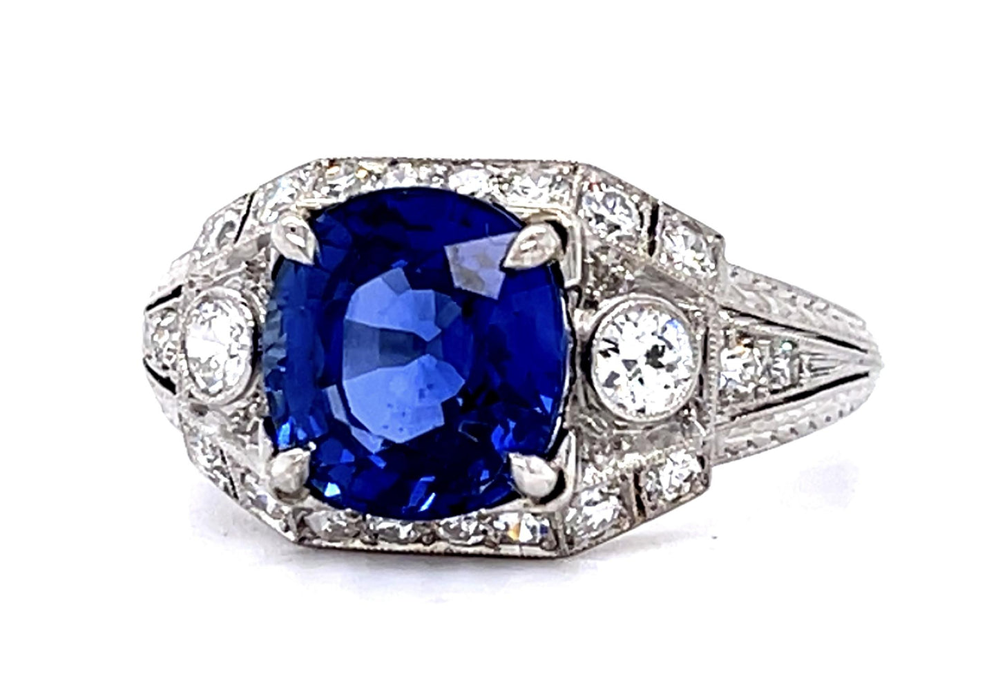 Original Art Deco 3.09ct Heated Sap .60ct Dia PT Ring (Antique 1920s)