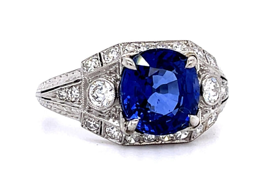 Original Art Deco 3.09ct Heated Sap .60ct Dia PT Ring (Antique 1920s)