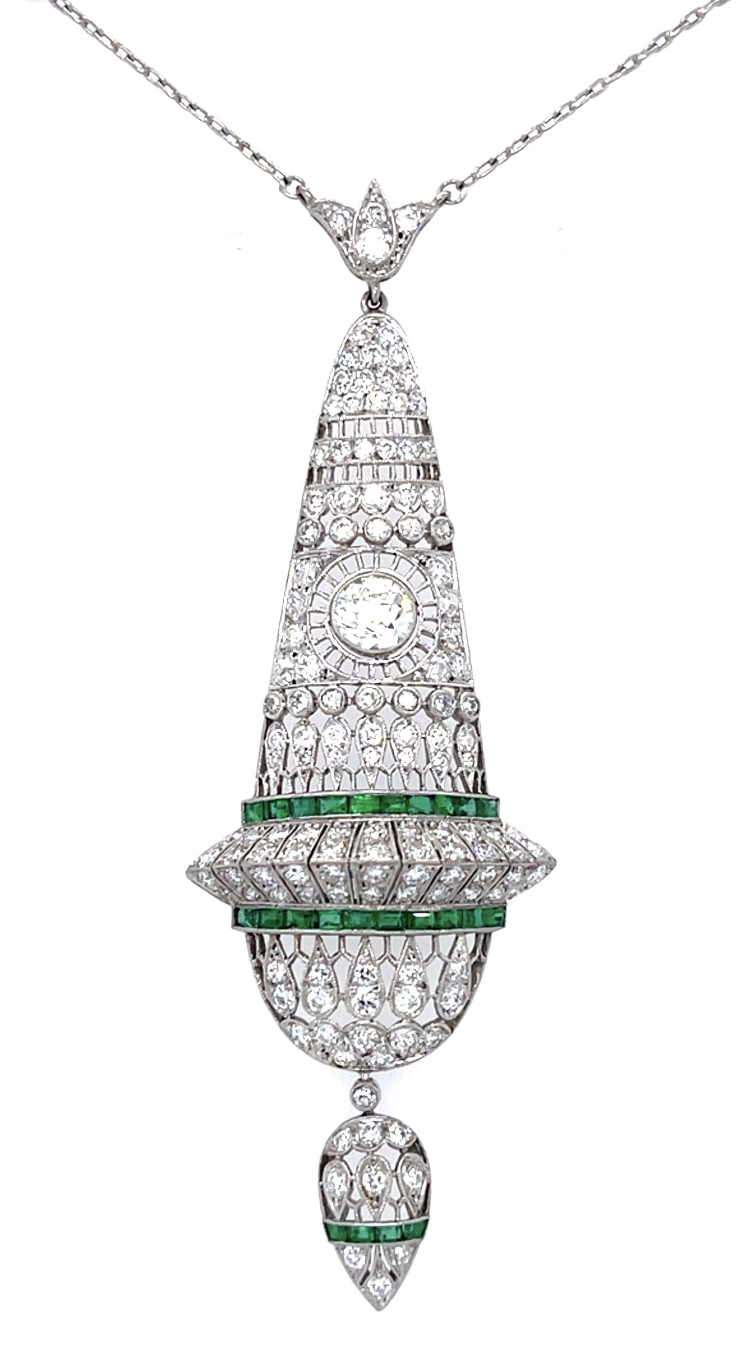 .75ct Old European Diamond .75ct Emerald Platinum Handmade Pendant 3.80ct SD