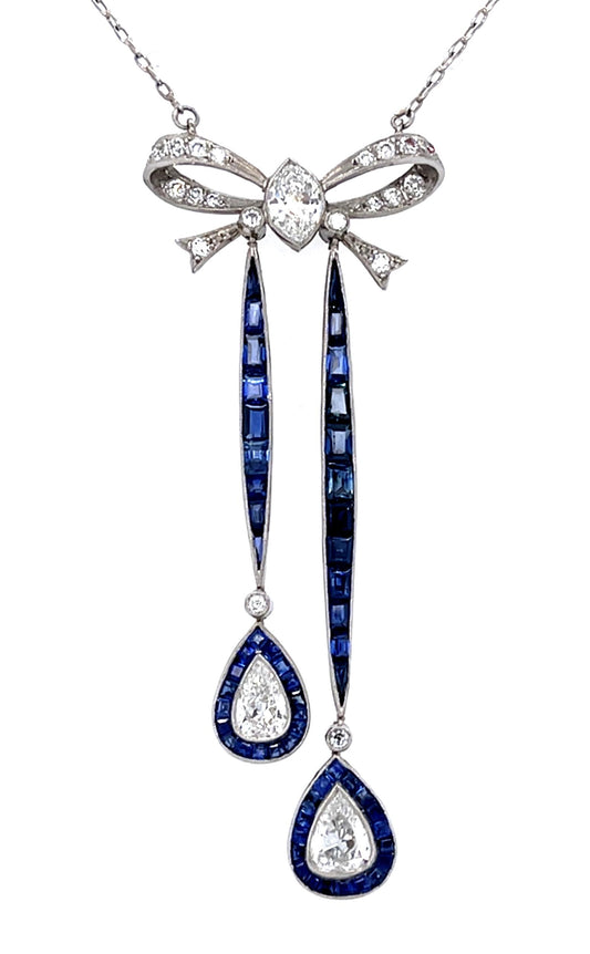1.50ct Antique Pear Diamond 4ct Sapphire Platinum Handmade Negligee Pendant