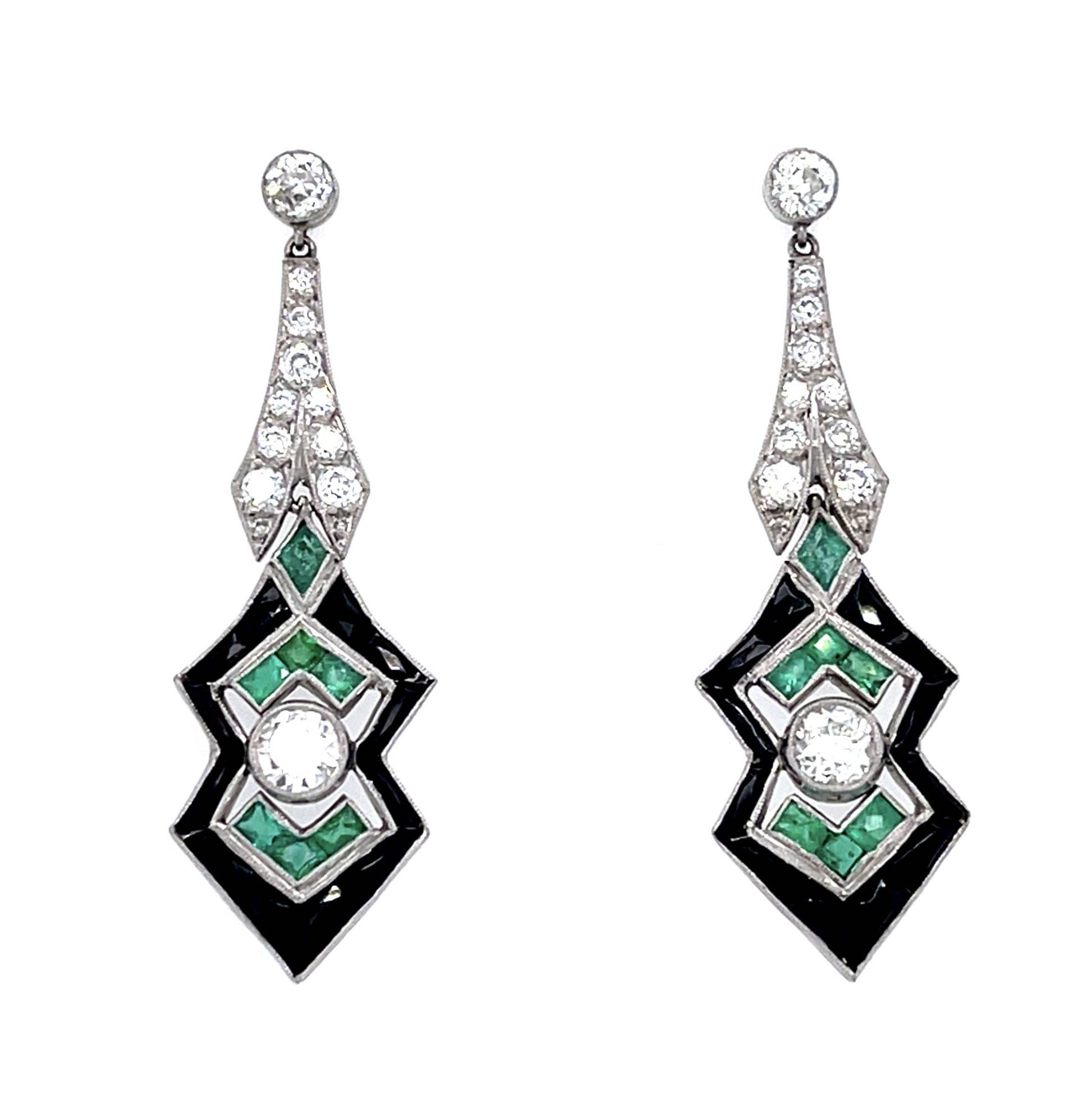 .84ct (4 Center Diamonds) .84ct Emerald+Onyx PT Handmade Drop Earrings .44 SD