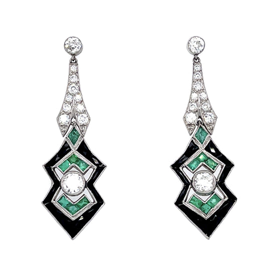 .84ct (4 Center Diamonds) .84ct Emerald+Onyx PT Handmade Drop Earrings .44 SD