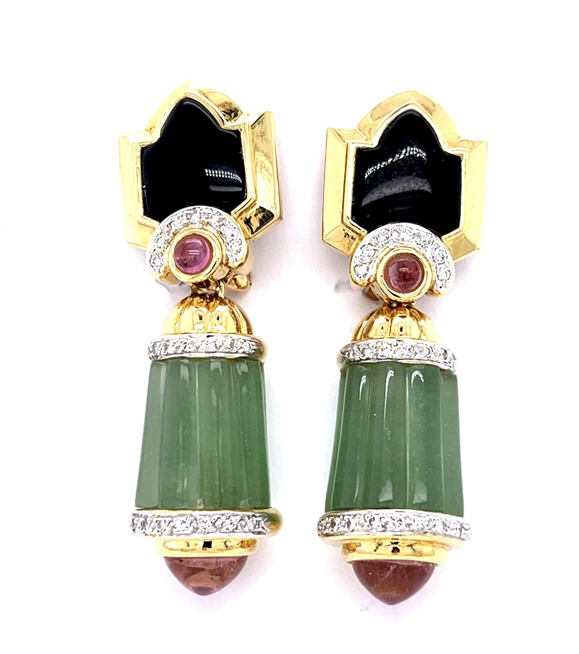 .60ct Diamond Onyx & Green and Pink Tourmaline 18KY Earrings
