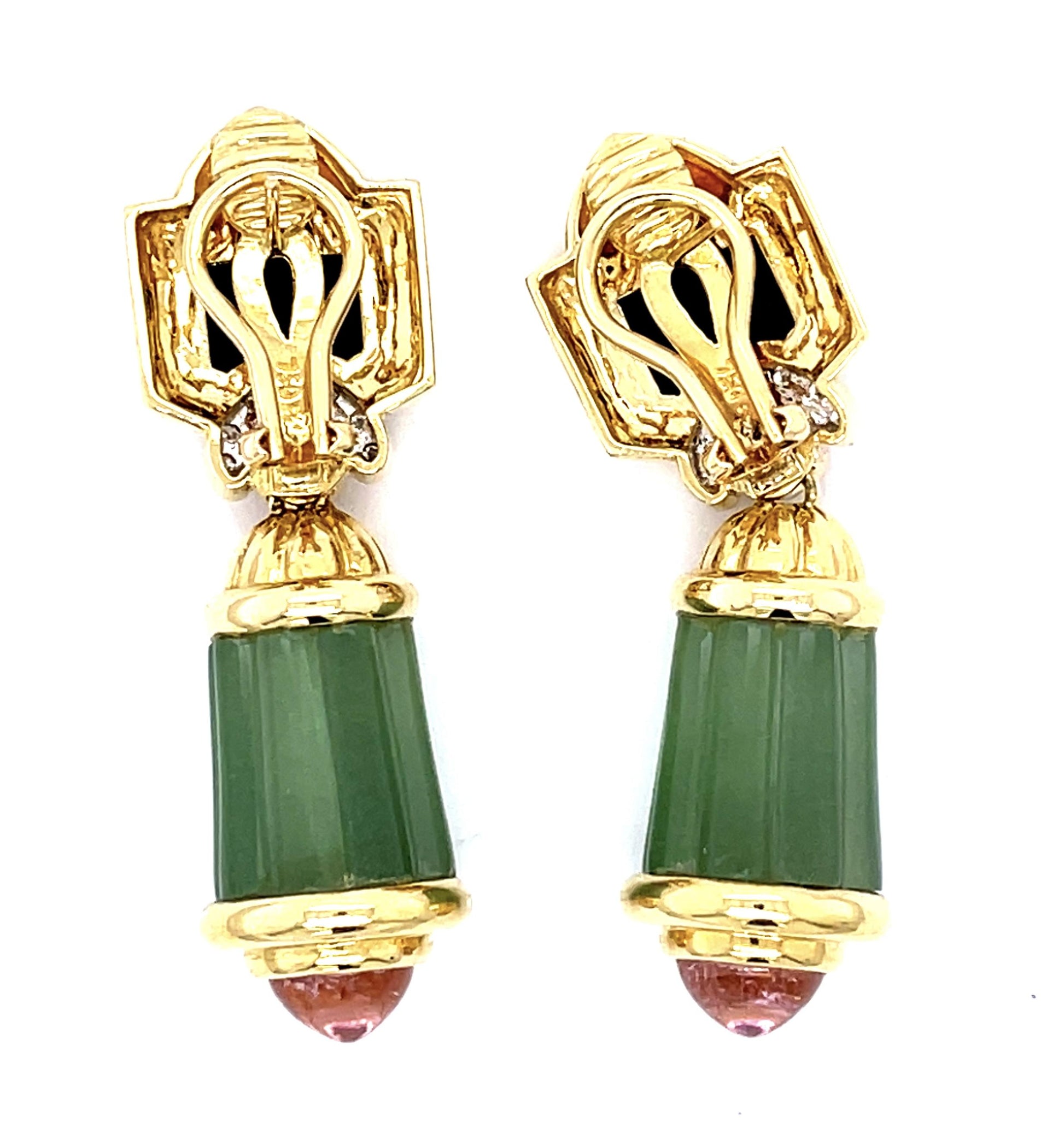 .60ct Diamond Onyx & Green and Pink Tourmaline 18KY Earrings