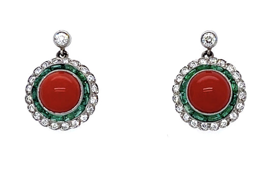 Coral 1.36ct Emerald .51ct Diamond PT Handmade Earrings