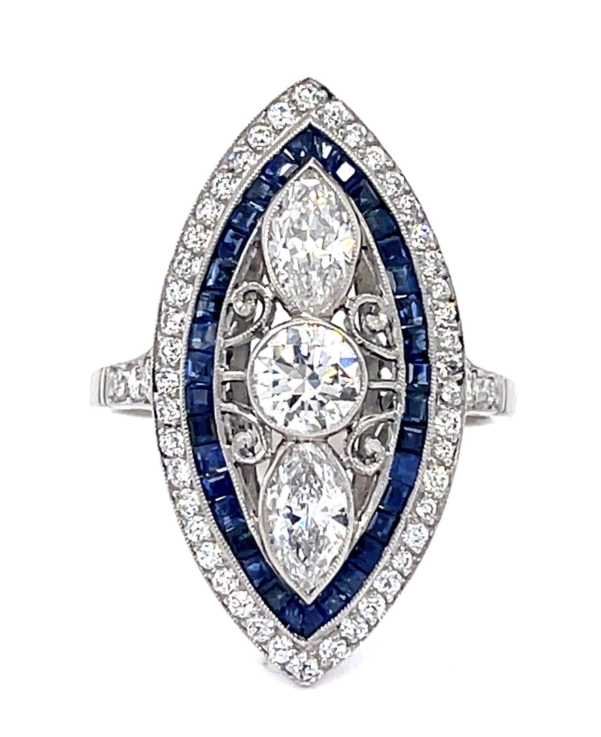 .50ct Old Euro Dia Center .82ct Sap PT Handmade Ring .77ct Pear Dia .54ct SD