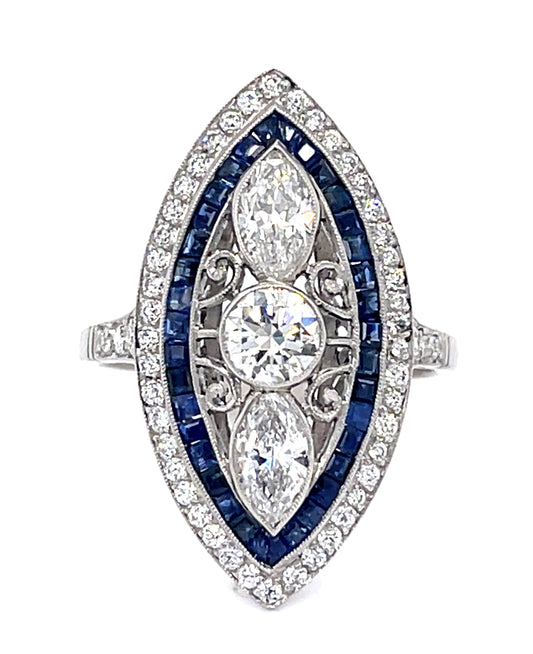 .50ct Old Euro Dia Center .82ct Sap PT Handmade Ring .77ct Pear Dia .54ct SD