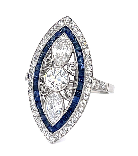 .50ct Old Euro Dia Center .82ct Sap PT Handmade Ring .77ct Pear Dia .54ct SD