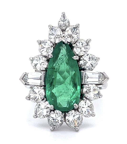 3.75ct Colombia Minor Oil F1 Pear Emerald 2ct Ovals .40ct Baguette PT Ring
