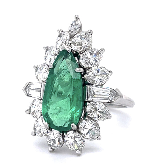 3.75ct Colombia Minor Oil F1 Pear Emerald 2ct Ovals .40ct Baguette PT Ring