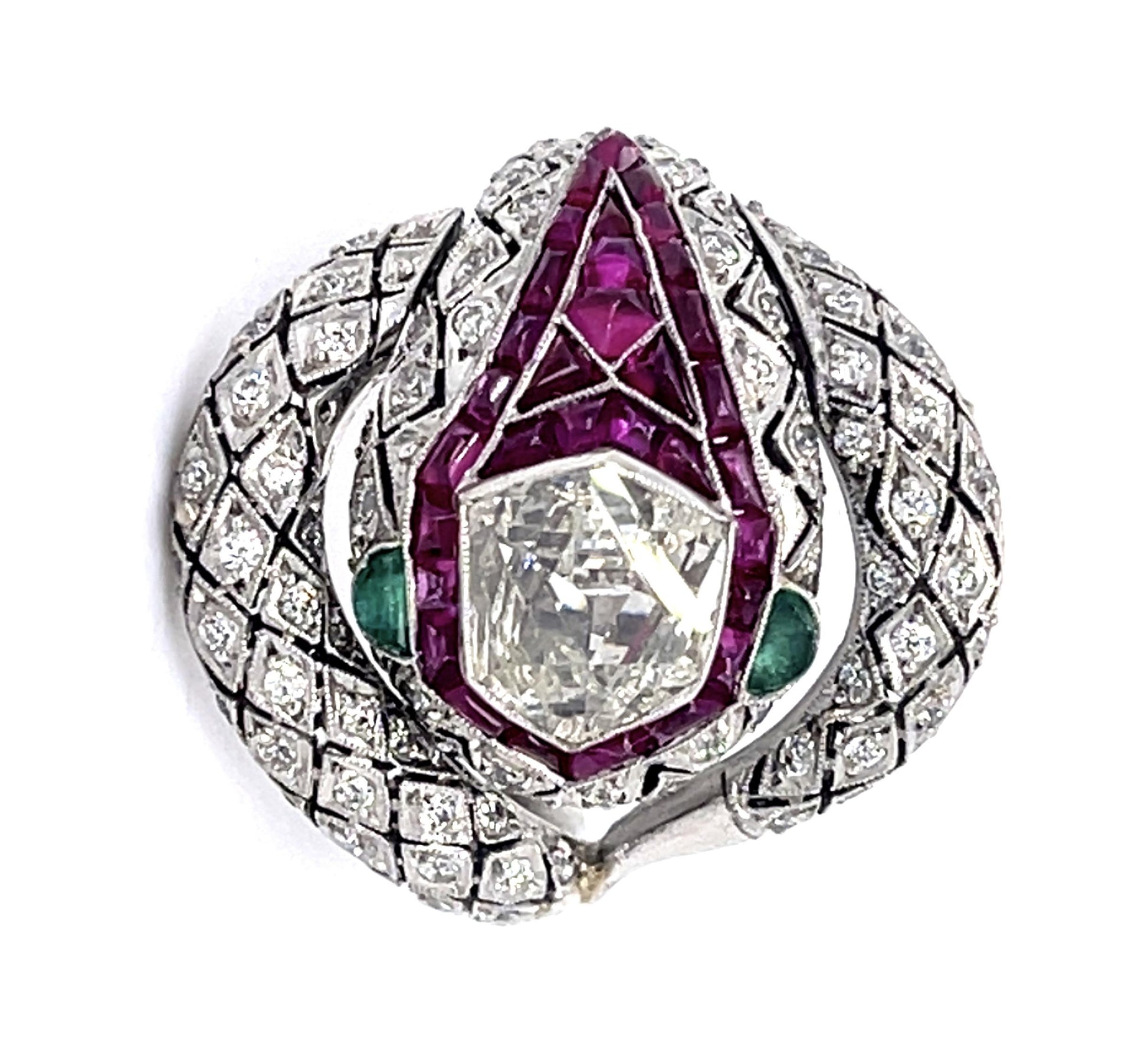 1.11ct Modified Hexagon Dia 3ct Ruby PT Handmade Snake Ring .86ct SD