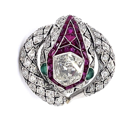 1.11ct Modified Hexagon Dia 3ct Ruby PT Handmade Snake Ring .86ct SD