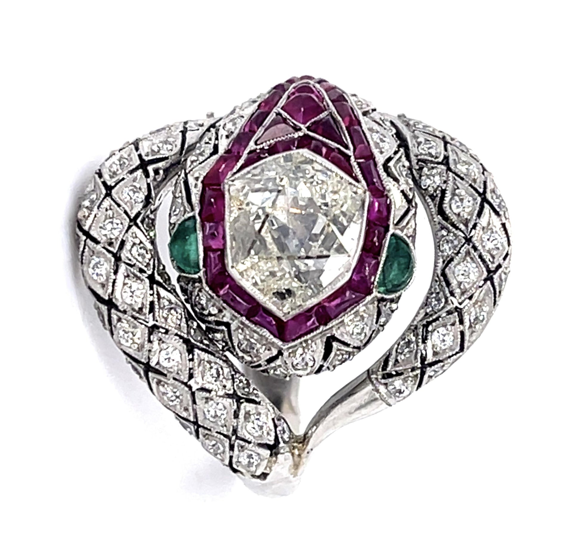 1.11ct Modified Hexagon Dia 3ct Ruby PT Handmade Snake Ring .86ct SD