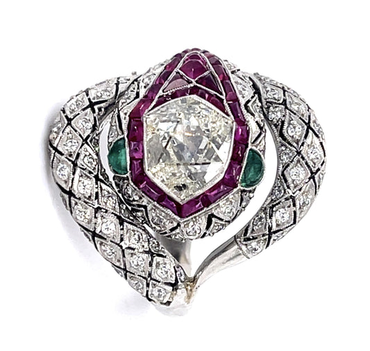1.11ct Modified Hexagon Dia 3ct Ruby PT Handmade Snake Ring .86ct SD