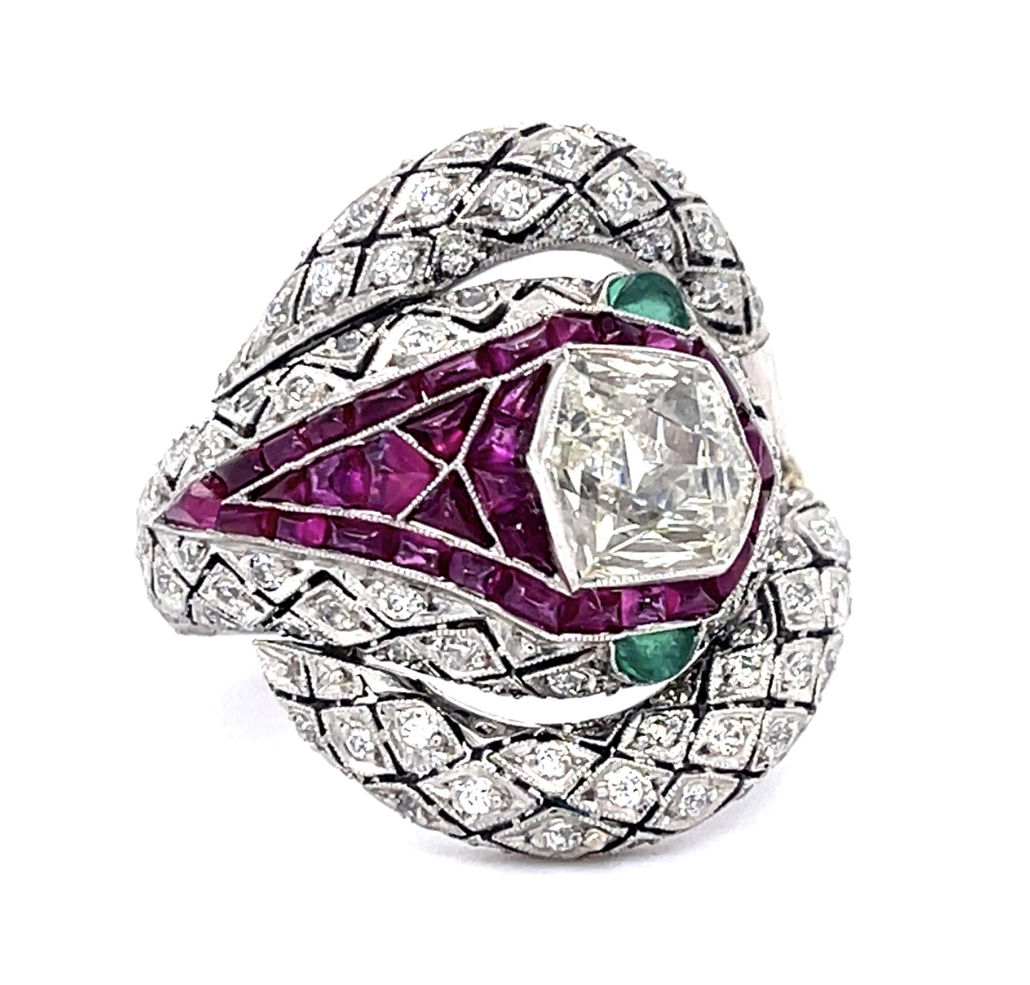 1.11ct Modified Hexagon Dia 3ct Ruby PT Handmade Snake Ring .86ct SD