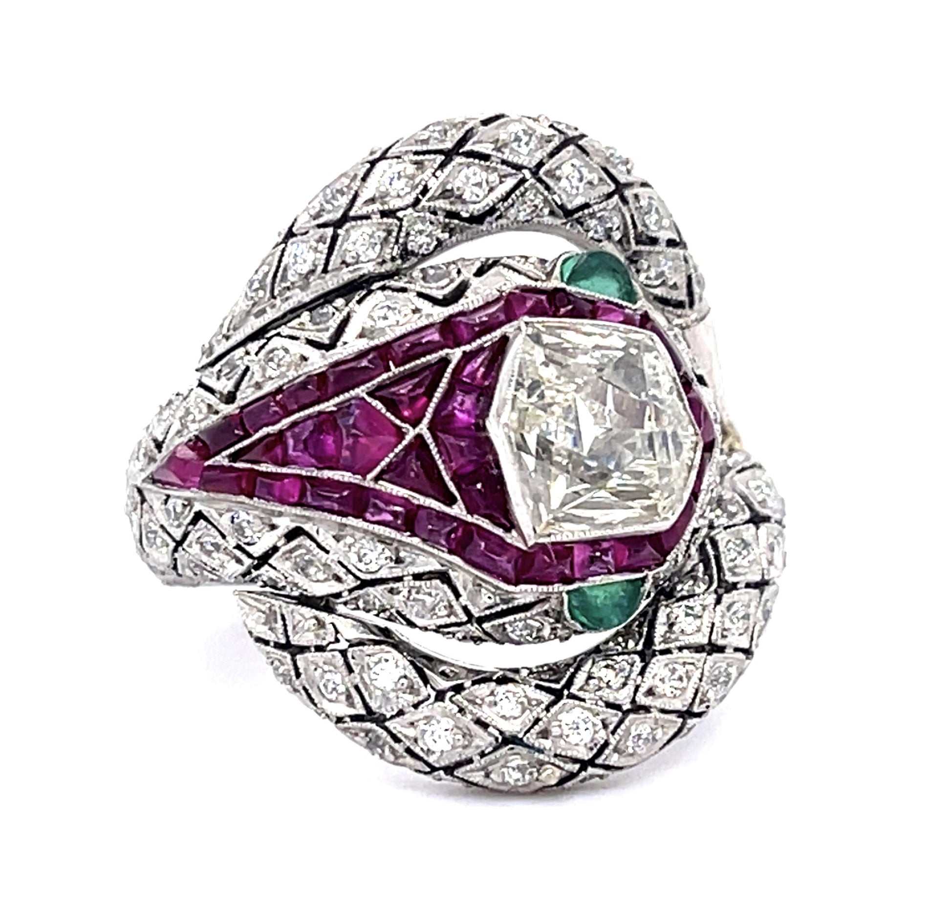 1.11ct Modified Hexagon Dia 3ct Ruby PT Handmade Snake Ring .86ct SD