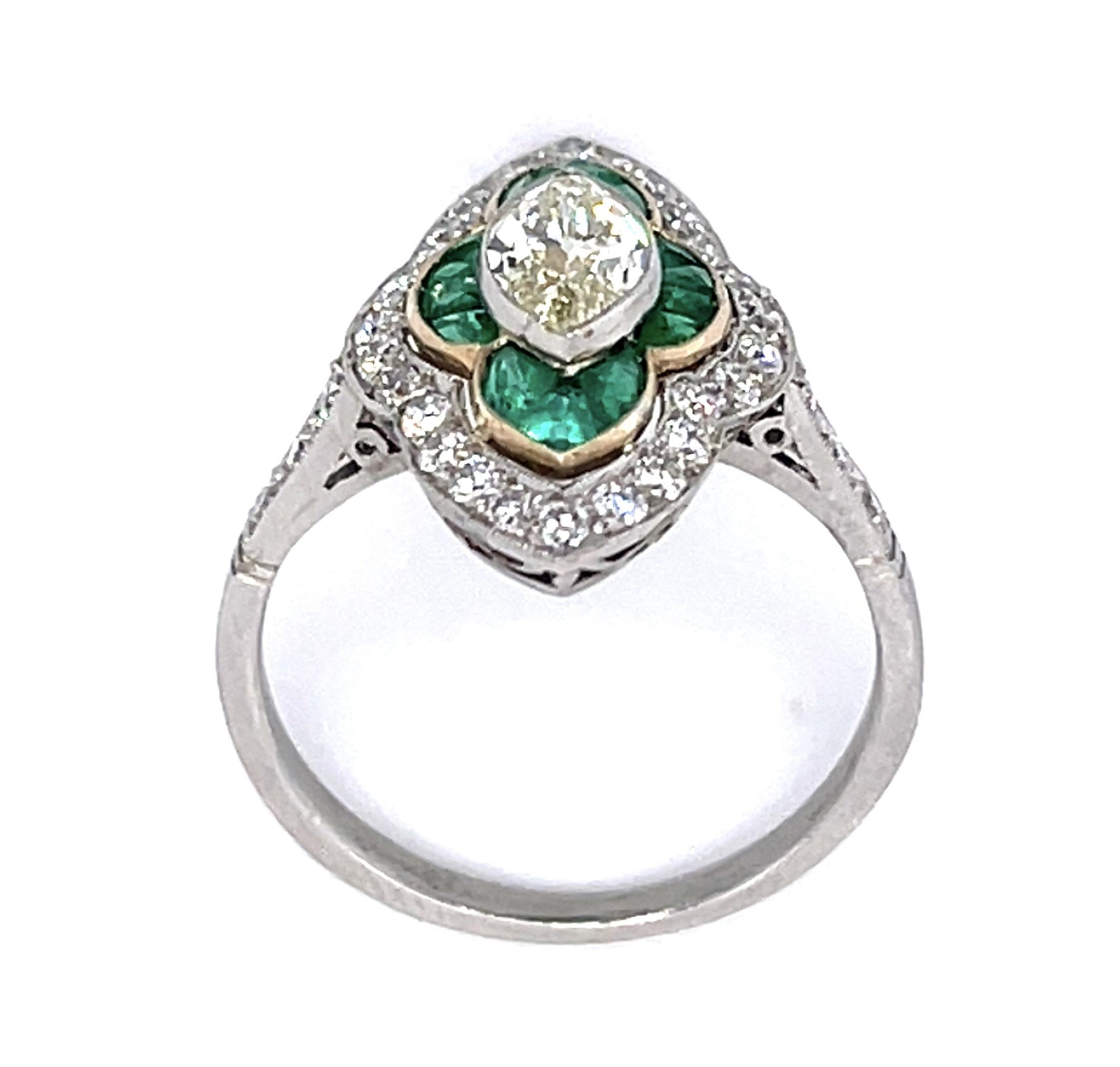 .81ct Antique Marquise Dia 1.60ct Emerald PT+18KY Gold Handmade Ring .67ct SD
