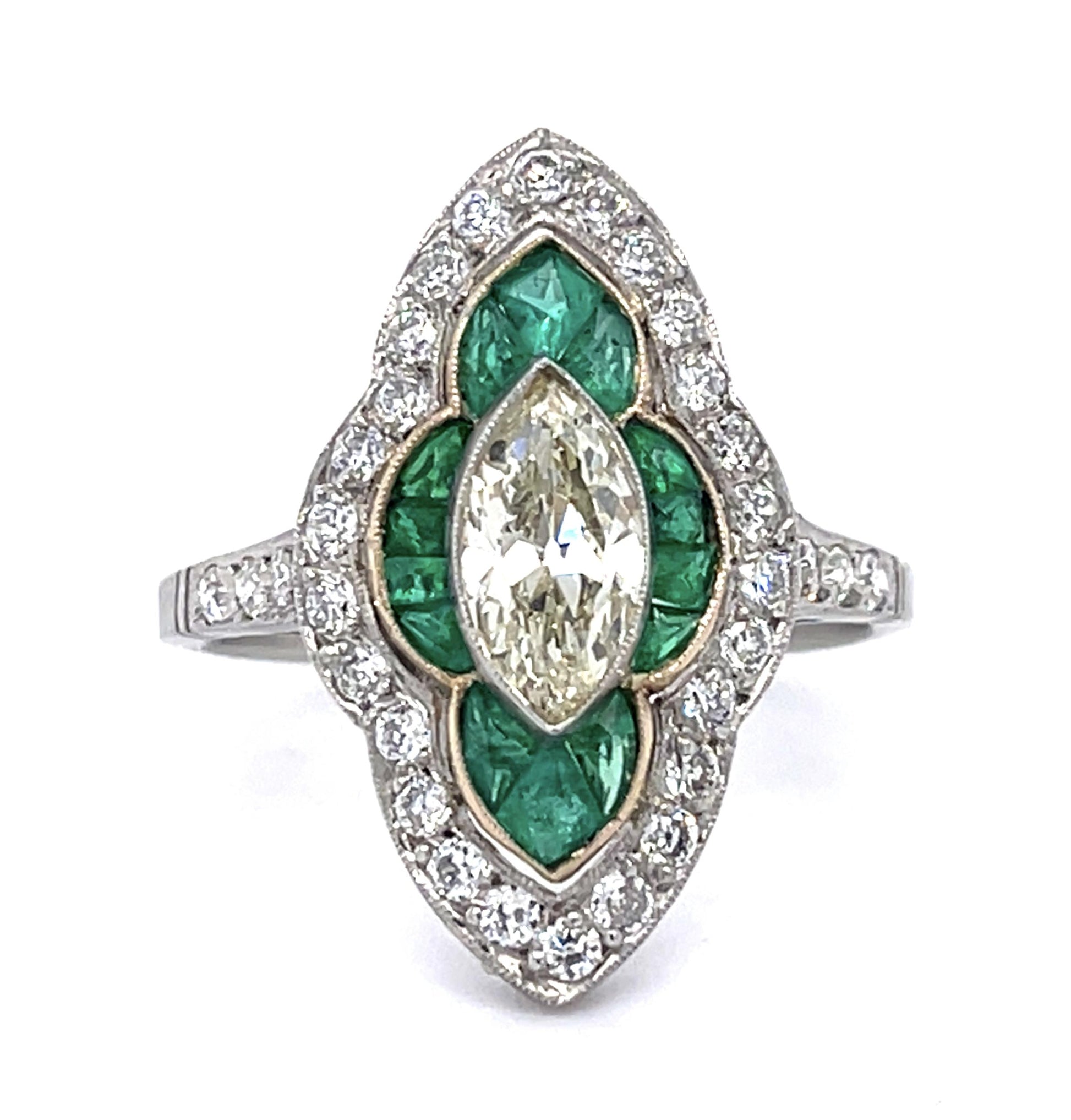 .81ct Antique Marquise Dia 1.60ct Emerald PT Handmade Ring .67ct SD