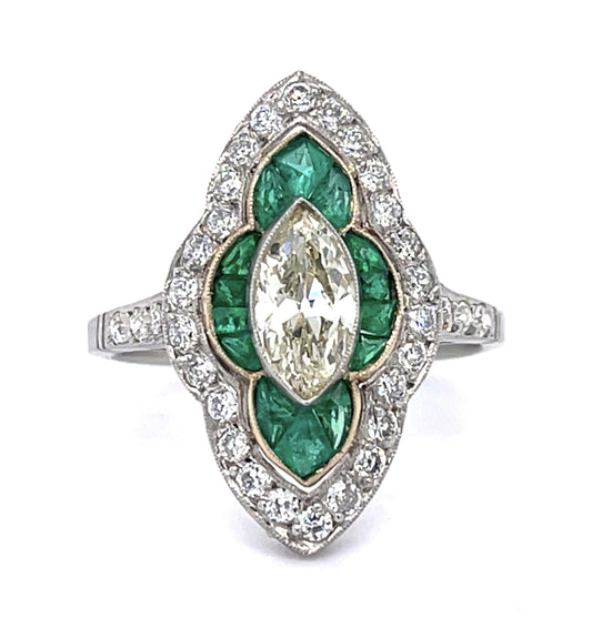 .81ct Antique Marquise Dia 1.60ct Emerald PT Handmade Ring .67ct SD