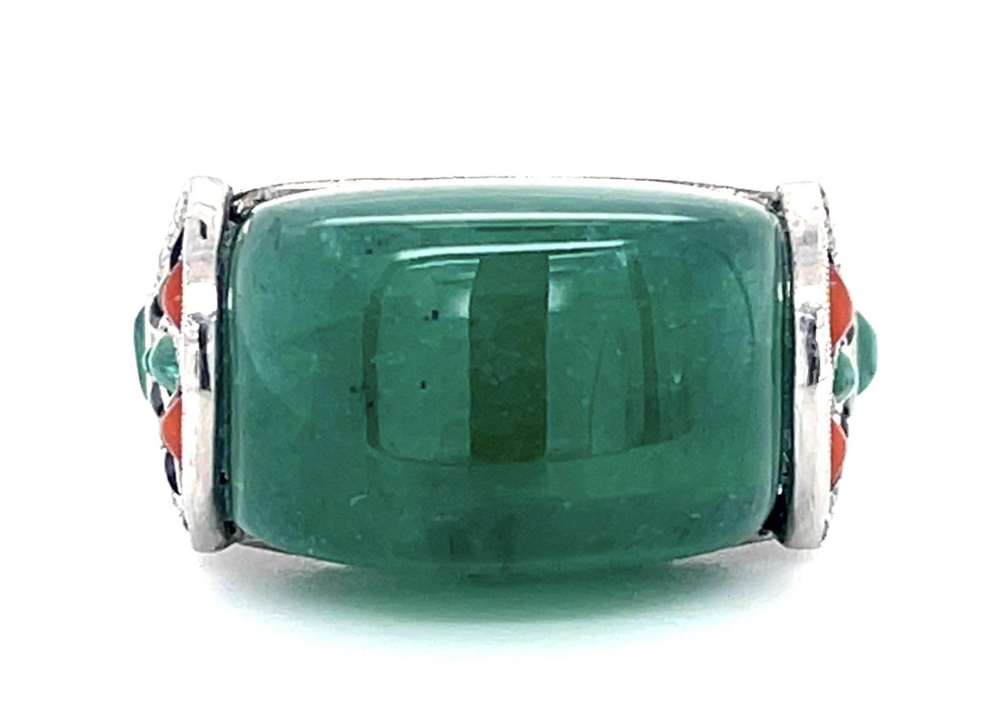 16ct Cabochon Emerald .60ct Diamond+Onyx and Coral PT Handmade Ring 10.80g