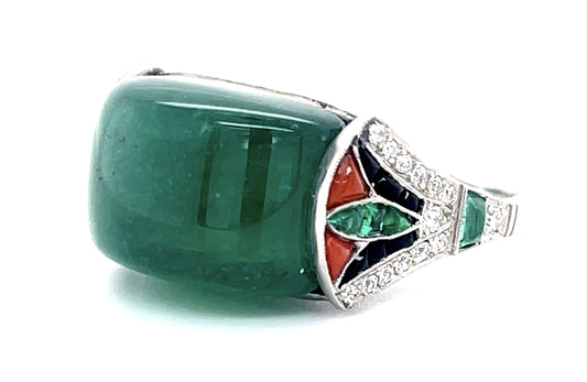 16ct Cabochon Emerald .60ct Diamond+Onyx and Coral PT Handmade Ring 10.80g