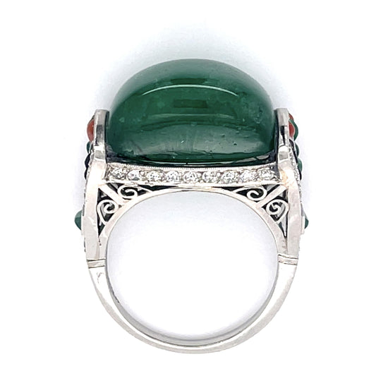 16ct Cabochon Emerald .60ct Diamond+Onyx and Coral PT Handmade Ring 10.80g