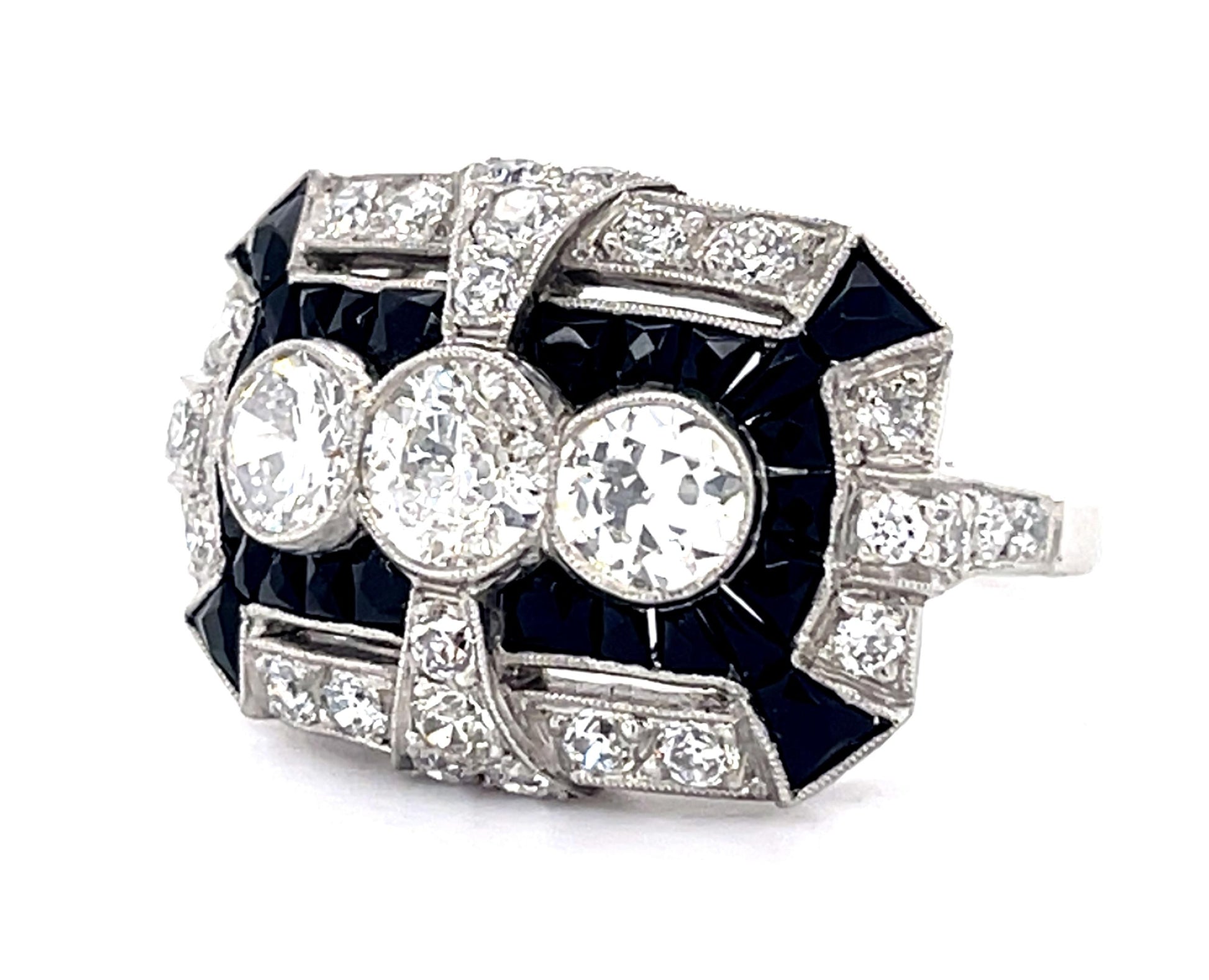 1.25ct Old European Diamond + Onyx PT Handmade Ring .95ct SD