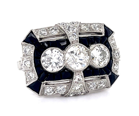 1.25ct Old European Diamond + Onyx PT Handmade Ring .95ct SD