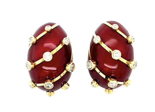 Tiffany & Co. Schlumberger .40ct Diamond + Enamel 18KY Banana Clip Earrings