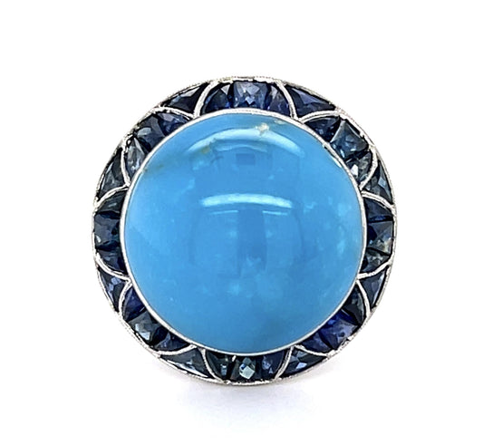 13.29ct Turquoise 4.30ct Sapphire PT Handmade Ring
