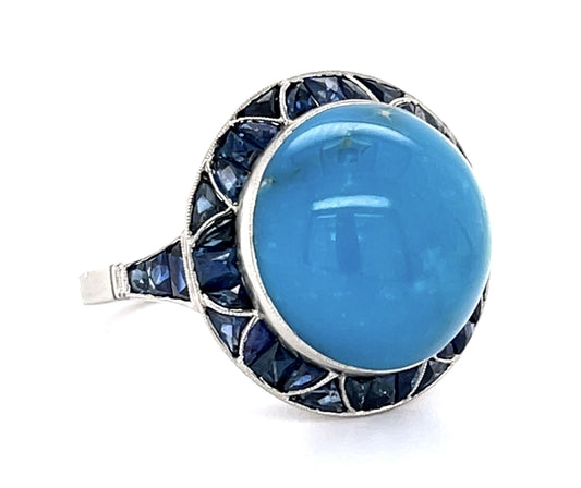 13.29ct Turquoise 4.30ct Sapphire PT Handmade Ring