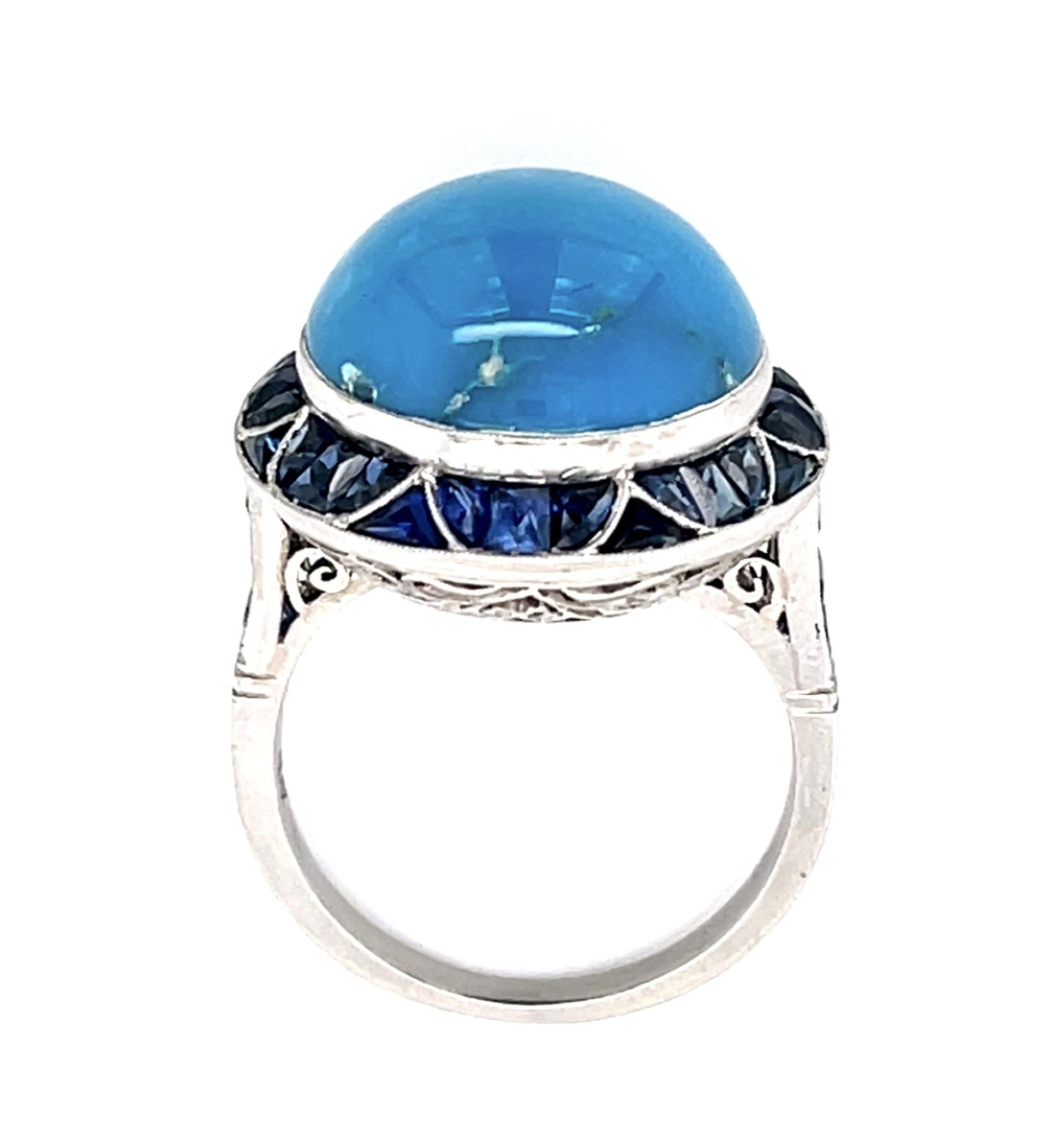13.29ct Turquoise 4.30ct Sapphire PT Handmade Ring
