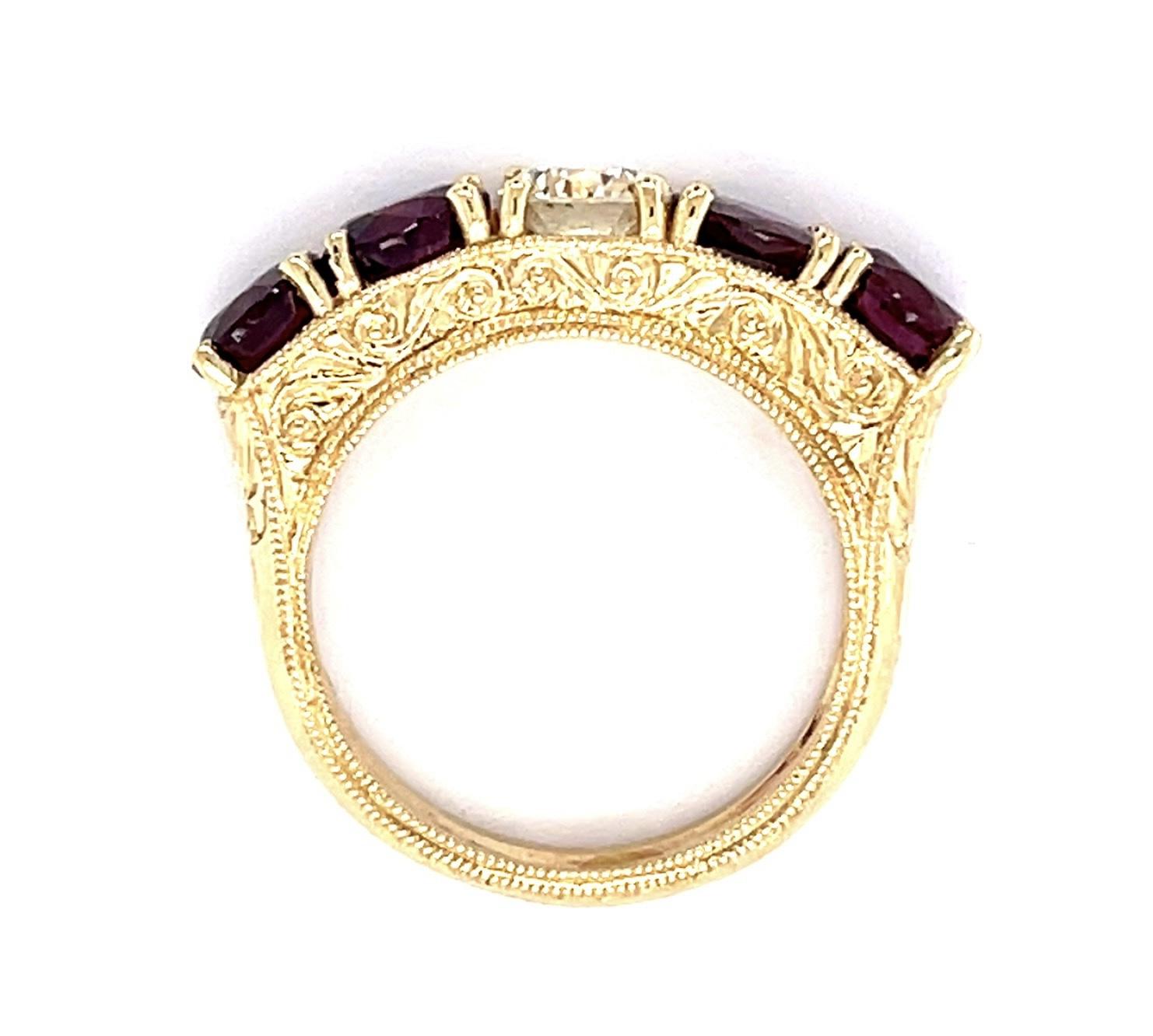 .67ct Diamond 3.65ct Rubies 14KY Hand Engraved Ring