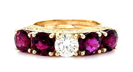 .67ct Diamond 3.65ct Rubies 14KY Hand Engraved Ring