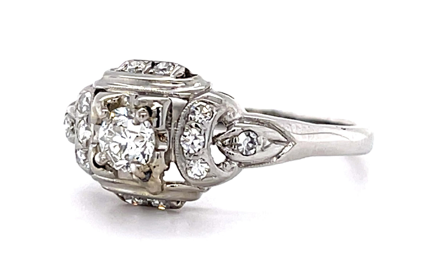 Art Deco .27ct Old Euro Diamond 18KW Ring (Antique 1920s) .12ct SD