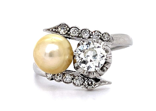 Art Deco .50ct Old Euro Dia 6.90mm Natural Pearl PT Handmade Ring Antique 1920s