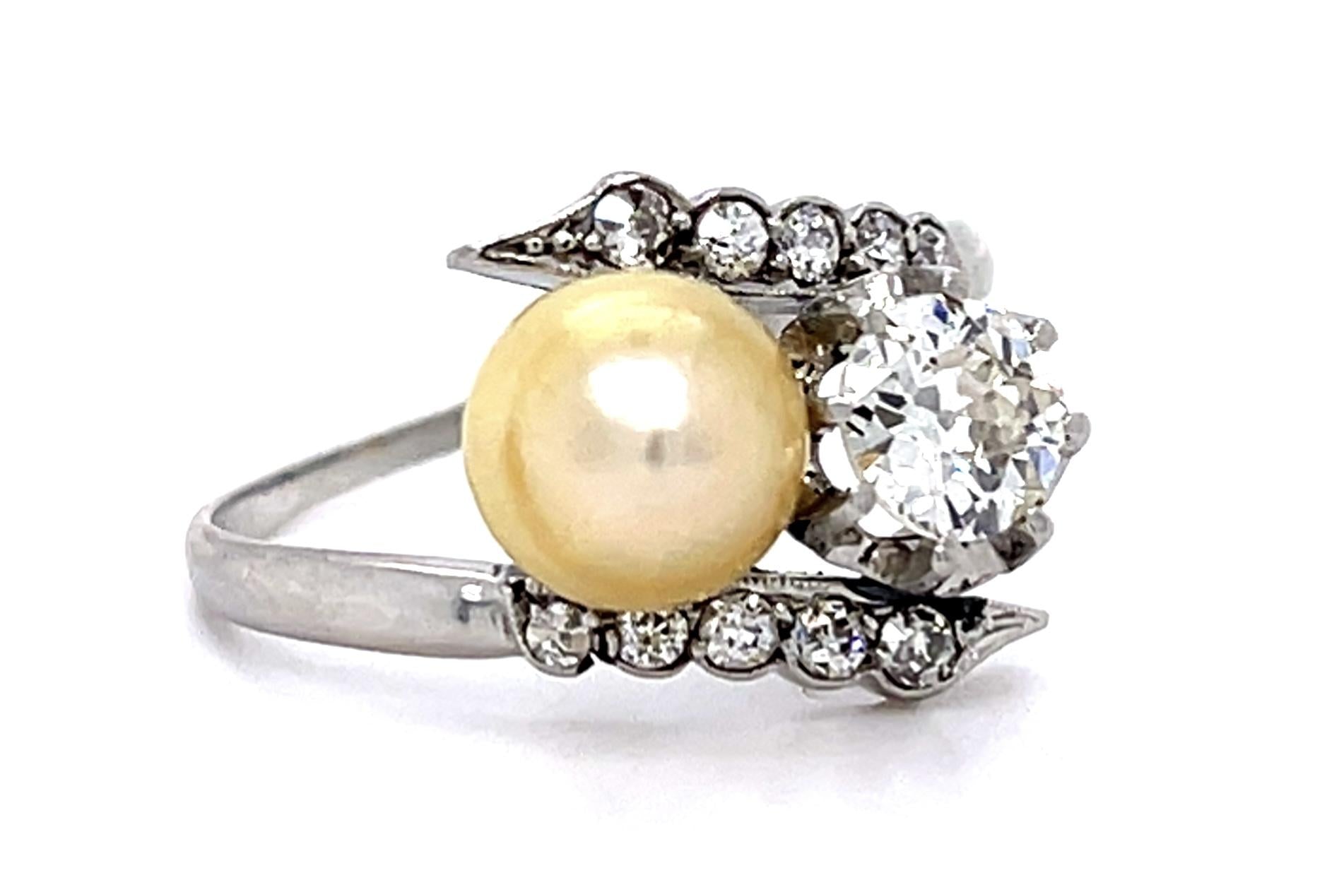 Art Deco .50ct Old Euro Dia 6.90mm Natural Pearl PT Handmade Ring Antique 1920s