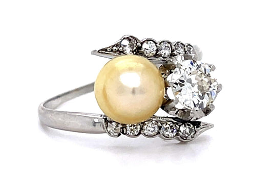 Art Deco .50ct Old Euro Dia 6.90mm Natural Pearl PT Handmade Ring Antique 1920s