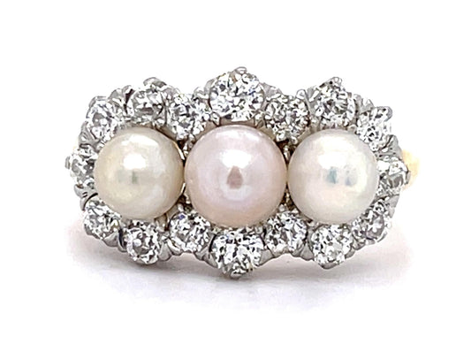 Original Edwardian Natural Pearl 1ct Old European Diamond PT+14KY Ring (1900s)