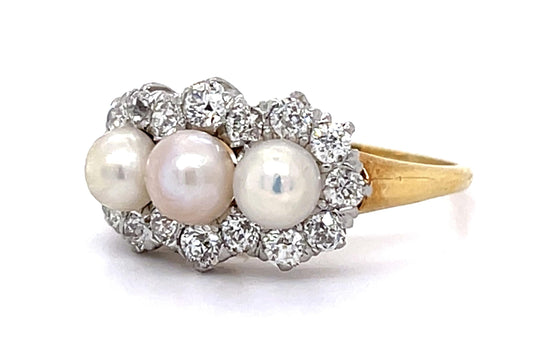 Original Edwardian Natural Pearl 1ct Old European Diamond PT+14KY Ring (1900s)