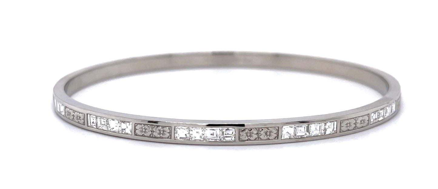 1.77ct Carre Diamond PT Engraved Blossom Bangle Bracelet