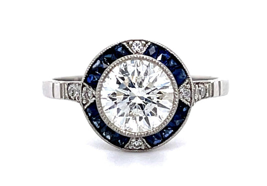 1.34ct Round Diamond .60ct Sapphire PT Handmade Ring .10ct SD