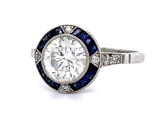 1.34ct Round Diamond .60ct Sapphire PT Handmade Ring .10ct SD